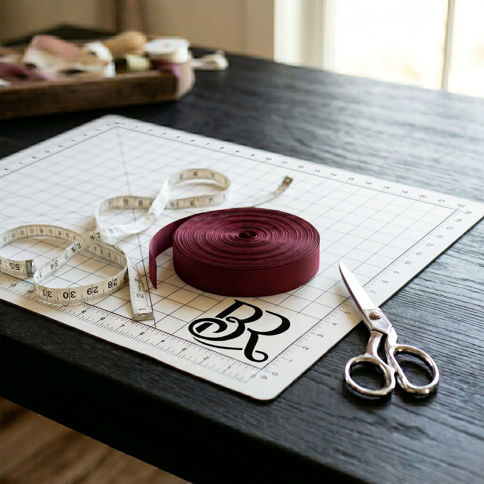 Butter Republic design studio with a black wood table covered with a measuring tape, scissors, fabric, and a cutting mat adorned with a BR brand logo 