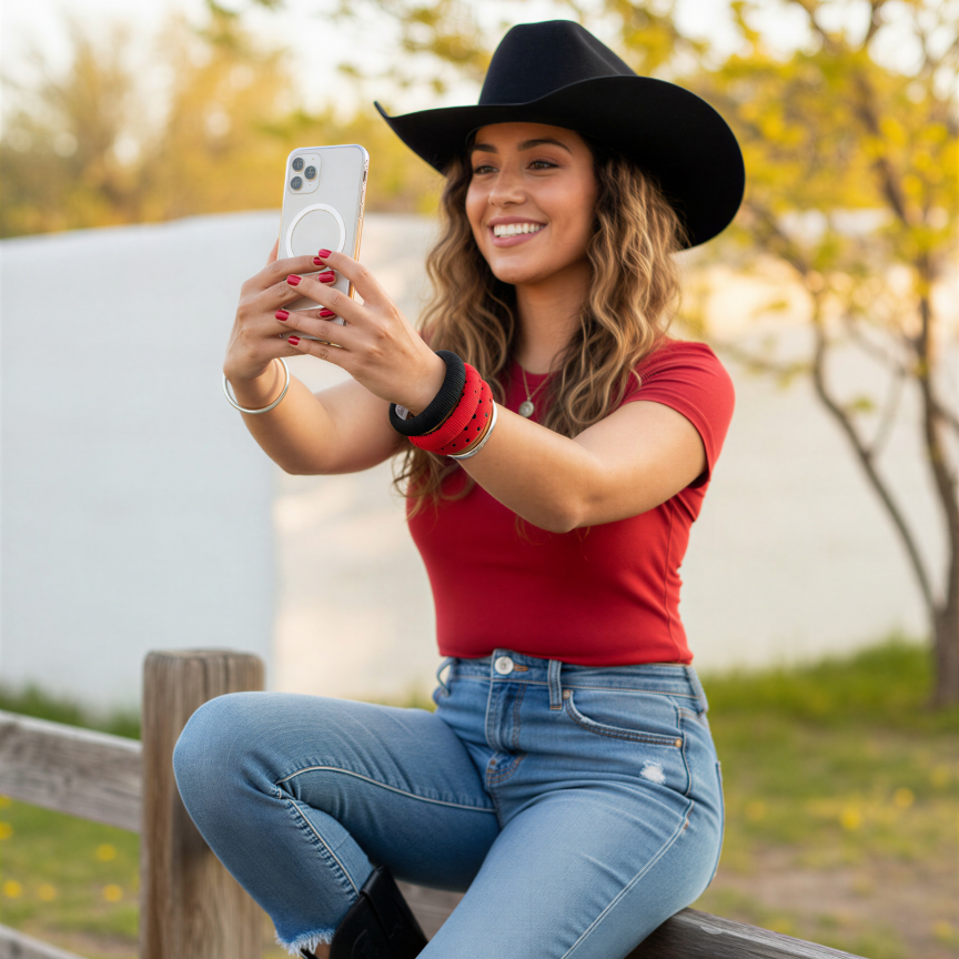 woman taking a selfie, wearing red and black Butter Republic bracelets, while sitting on a wooden fence outdoors