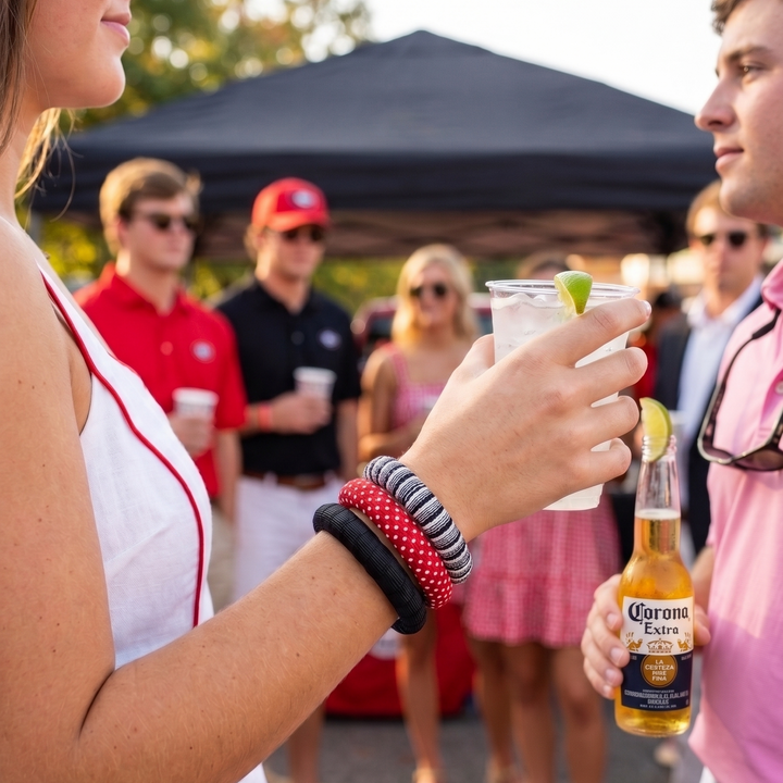 Woman wearing a combination of black, red and white Butter Republic bracelets, holding a drink with a lime garnish, standing next to a man holding a beer bottle at an outdoor event.