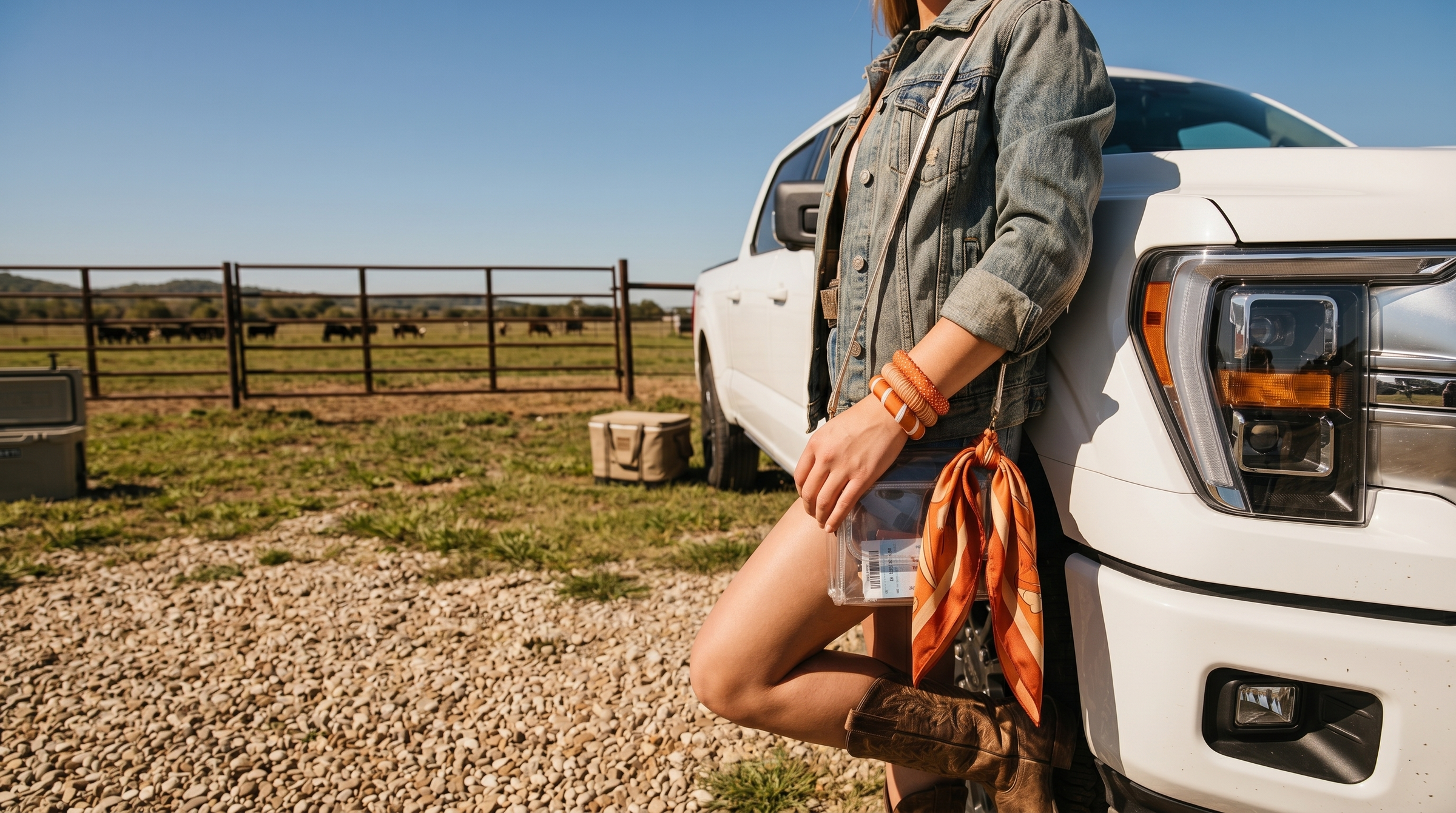 woman wearing burnt orange and white Butter Republic bracelets, a denim jacket, and cowboy boots, leaning against a white truck in a rural setting with a clear blue sky