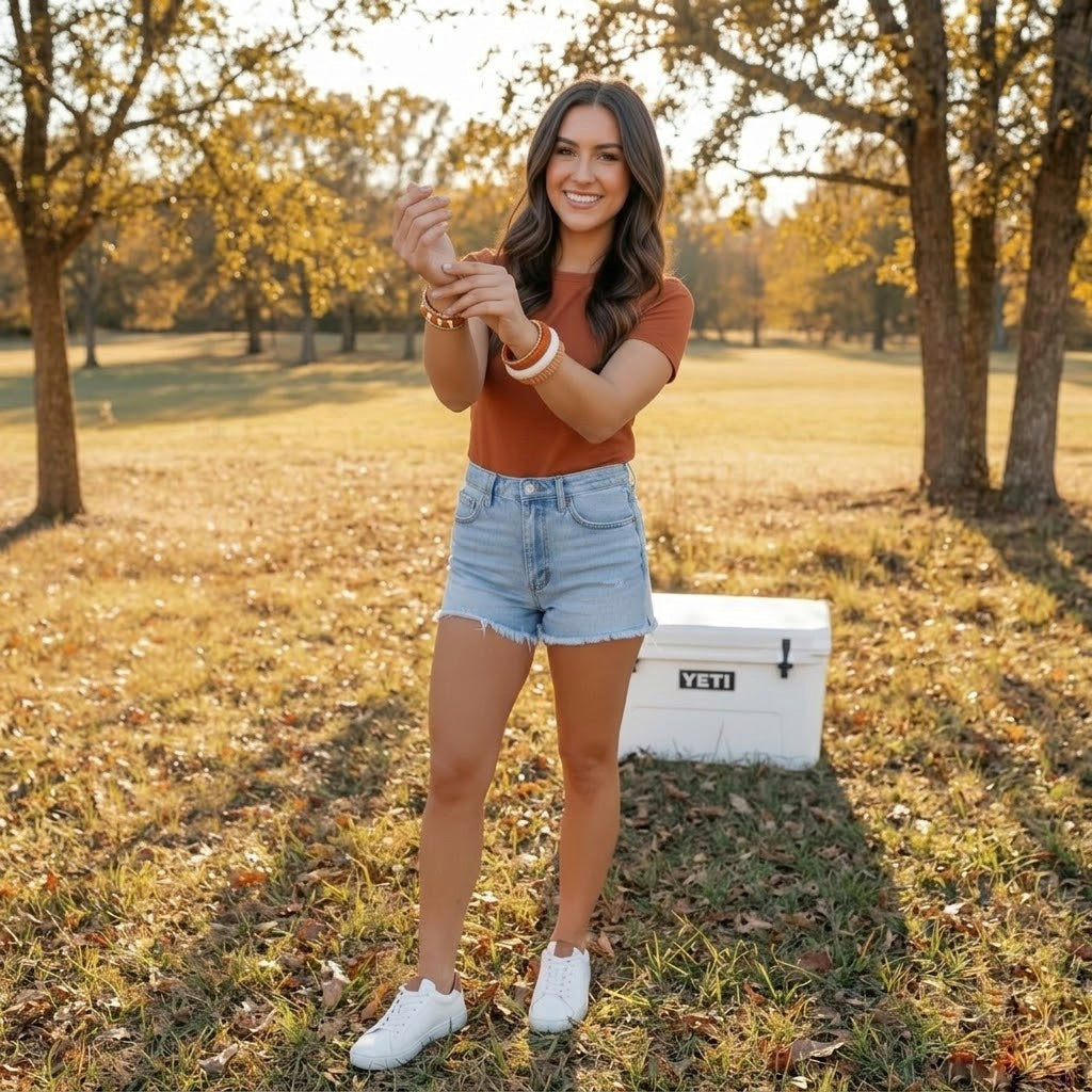 woman in a field, wearing burnt orange Butter Republic bracelets, with a cooler in the background