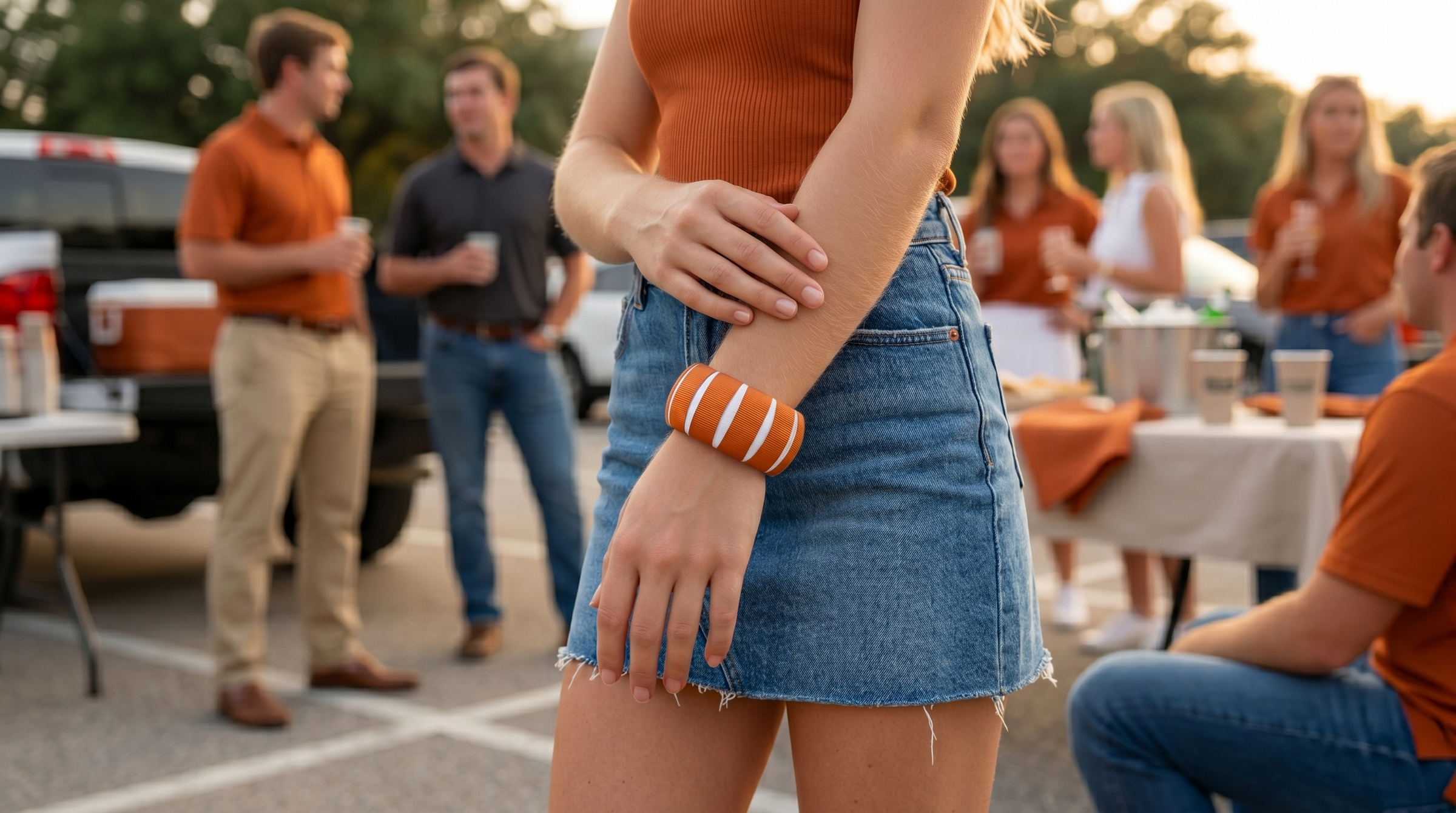young woman at an outdoor tailgate party wearing a burnt orange and white Butter Republic bracelet and burnt orange top, and a denim skirt. She is standing in front of other people wearing burnt orange and white colors