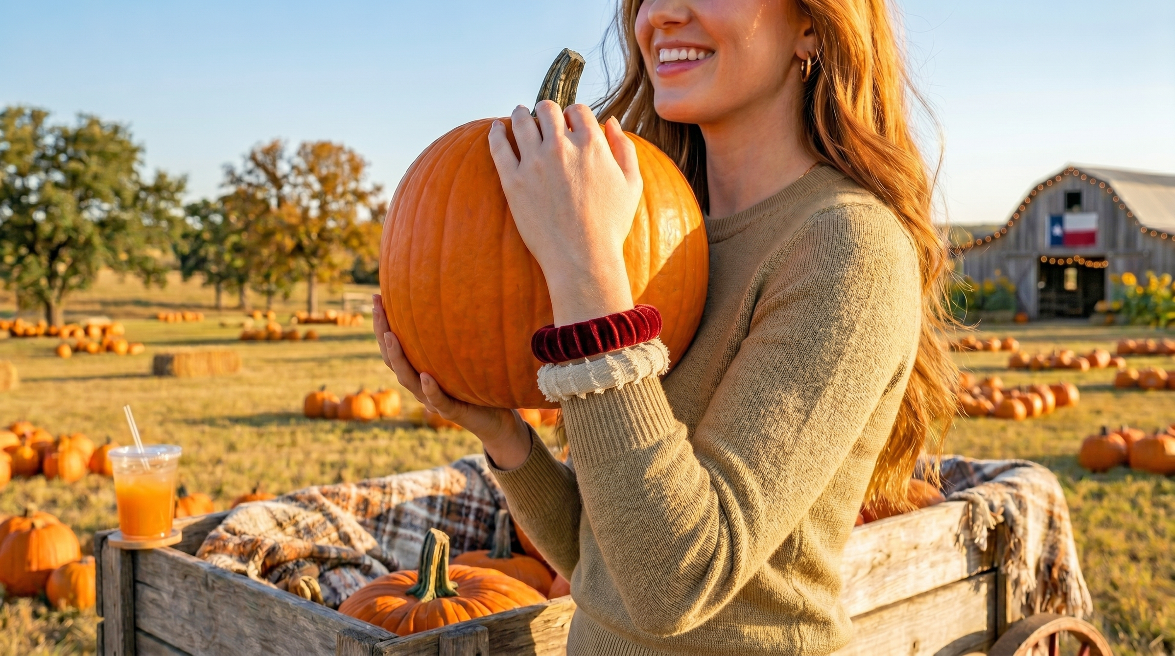 woman during fall in Texas is wearing a Butter Republic maroon velvet bracelet and a Butter Republic natural frayed bracelet. She is at a pumpkin patch, lifting an orange pumpkin into a wooden wagon with a weathered barn behind her and a Texas flag over the barn door