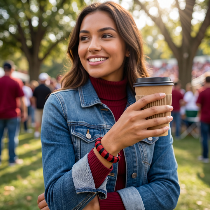Woman, wearing a garnet and black Butter Republic bangle, holding a coffee cup outdoors with people in the background