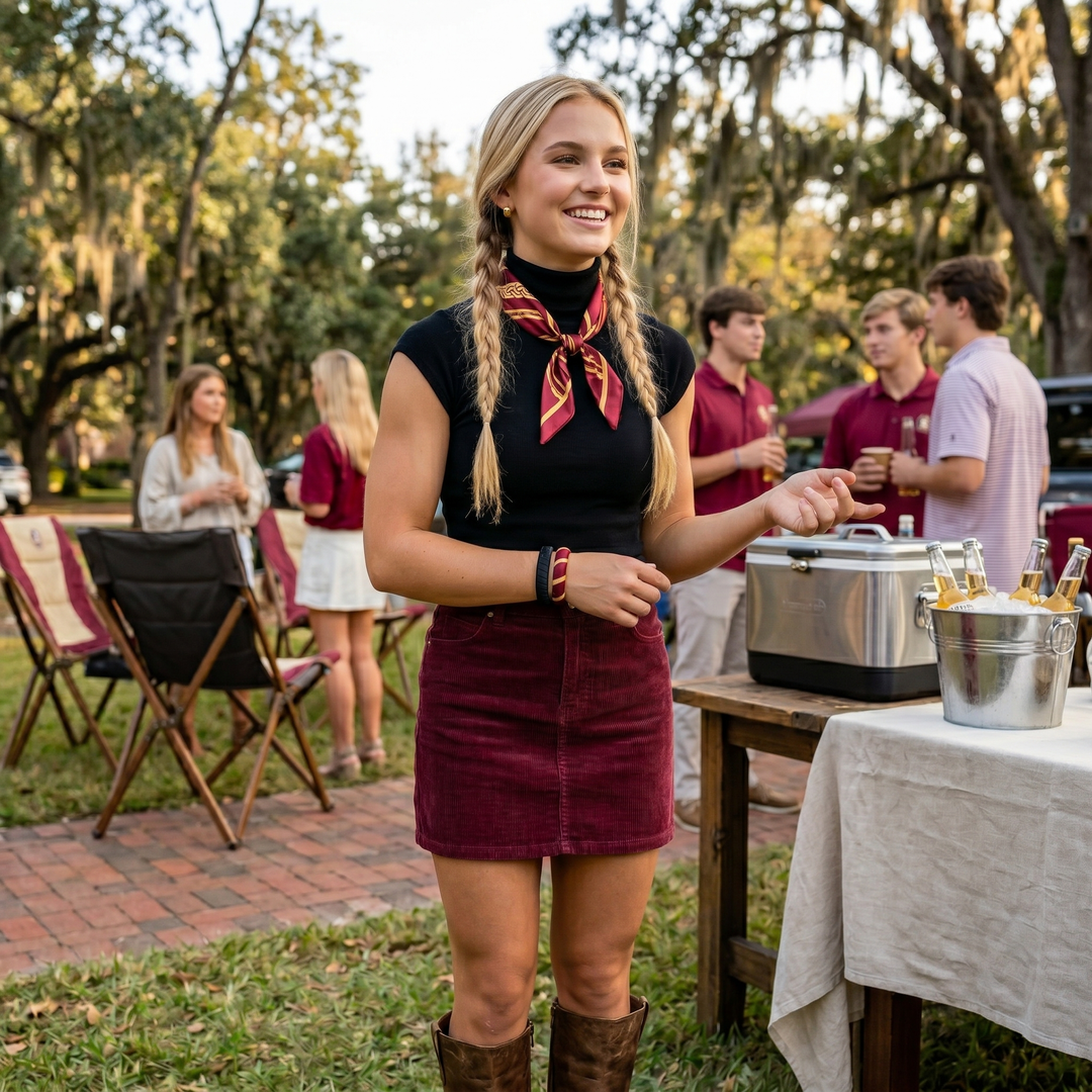 A young woman wearing garnet, gold, and black Butter Republic bracelets, standing outdoors with friends