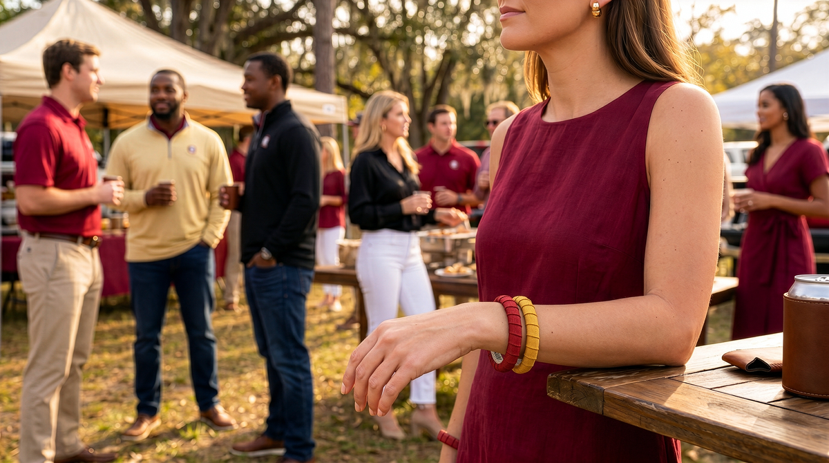 Woman in garnet colored dress wearing Butter Republic garnet and gold stacked bangle bracelets at an outdoor tailgate