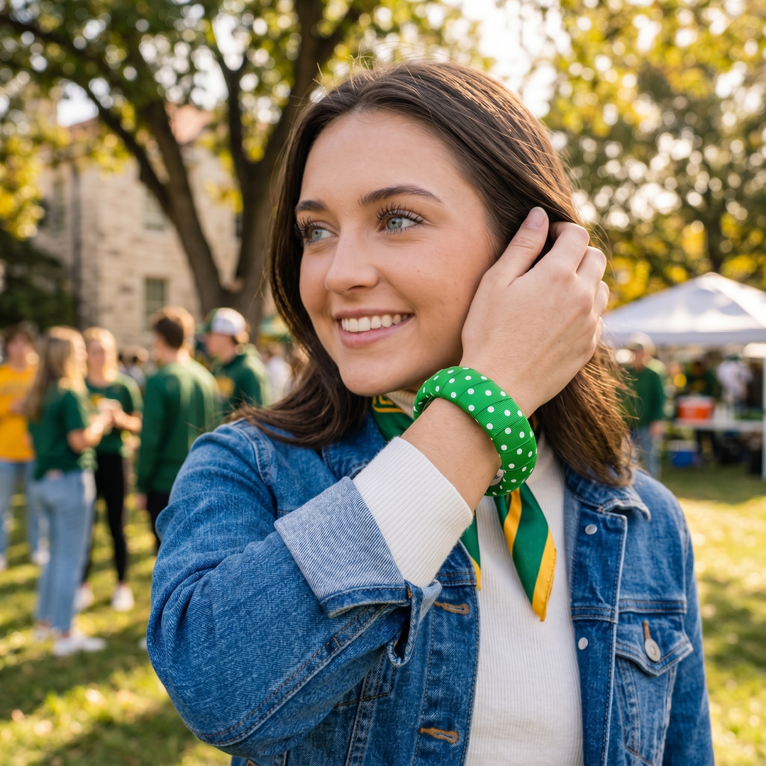 A young woman wearing a green and white polka dot Butter Republic bracelet, smiling outdoors with people in the background.