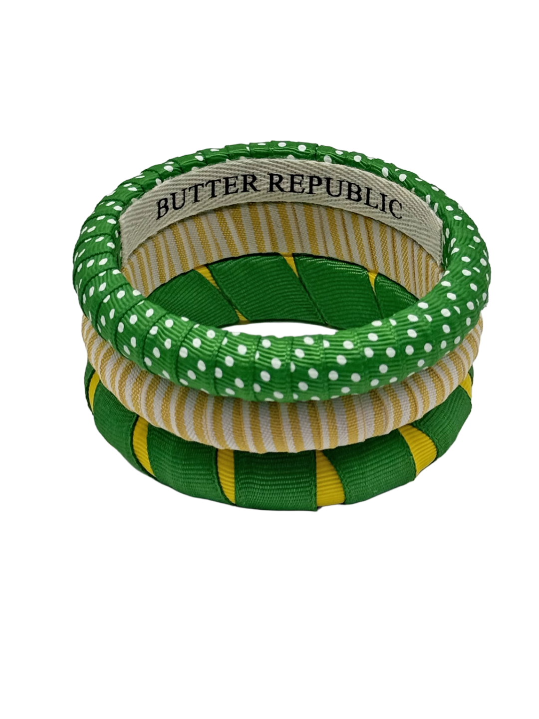 set of three green and yellow Butter Republic bracelets with brand logo label on the interior of the bracelet 