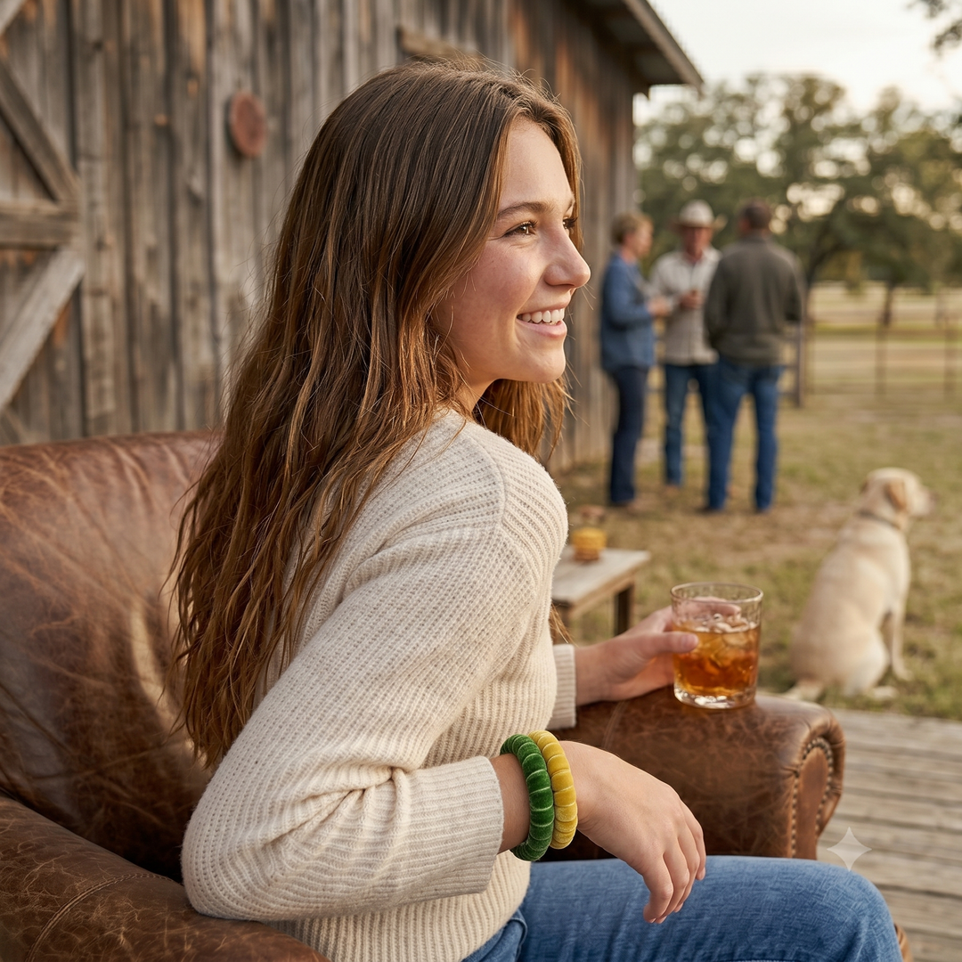 Woman wearing two Butter Republic bracelets, sitting on a porch with a drink, smiling, with people and a dog in the background.