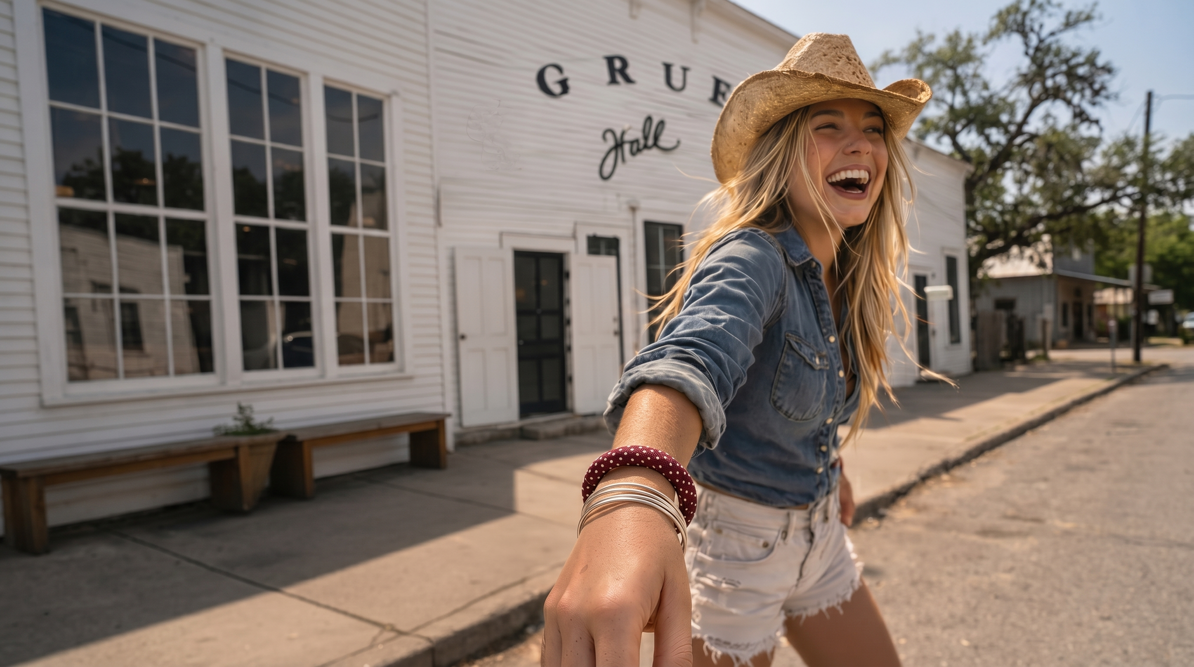 young woman in a cowboy hat, cowboy boots, and denim shirt and cut-off shorts, wearing a maroon and white polka dot Butter Republic bracelet, standing in front of a dance hall building in a small Texas town