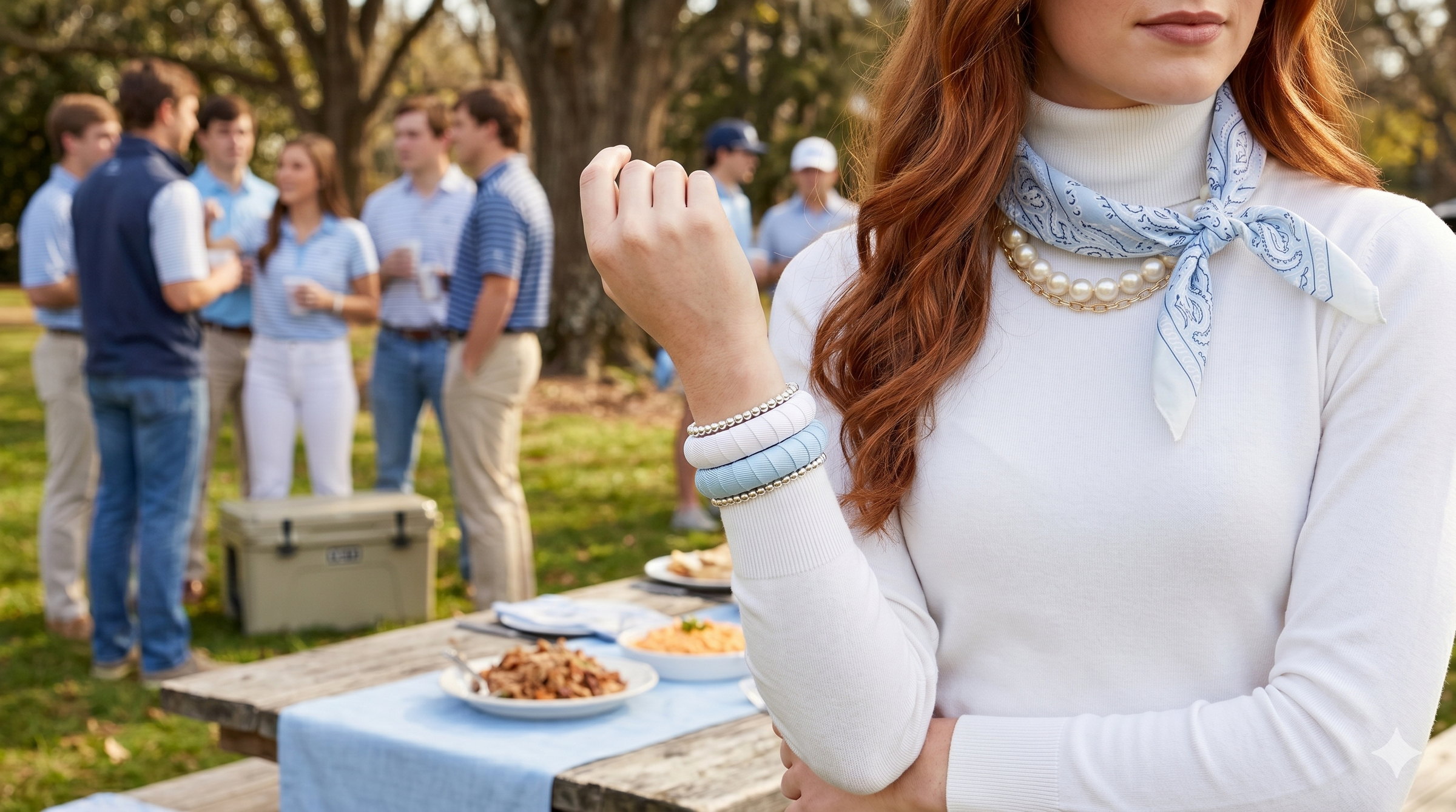 Woman with red hair wearing light blue and white Butter Republic bracelets, standing outdoors with people and food in the background.