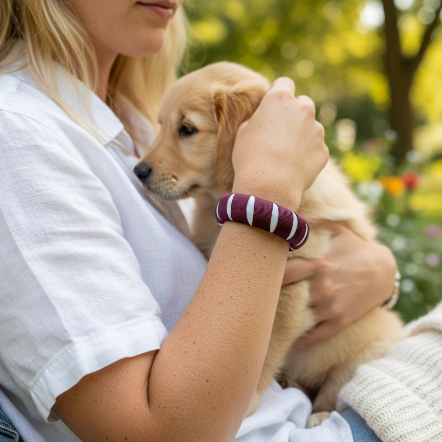 young woman wearing a Butter Republic maroon and white bracelet, holding a puppy outdoors with a blurred background