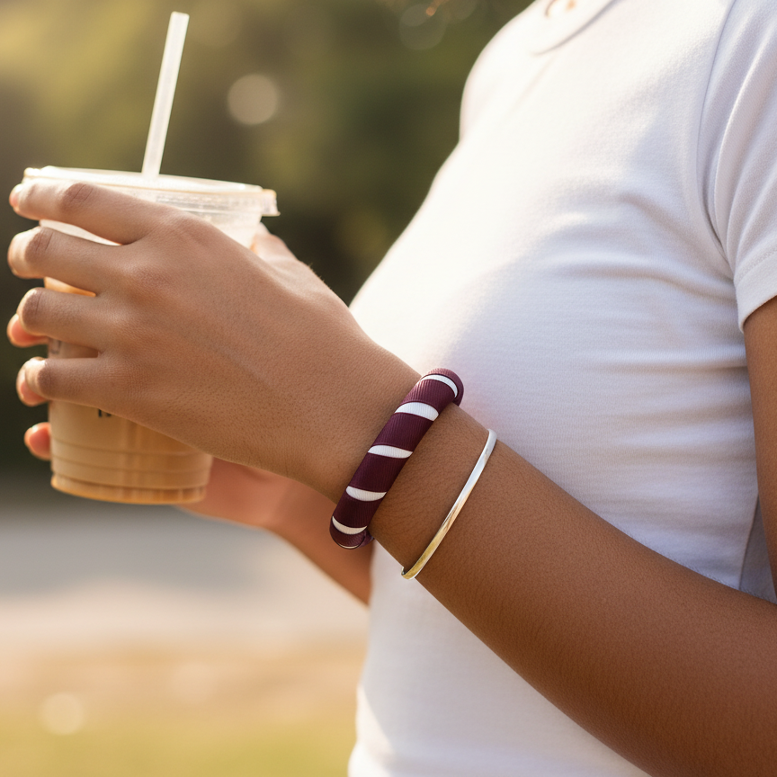 young woman wearing a maroon and white Butter Republic bracelet, holding an iced coffee, with a blurred natural background