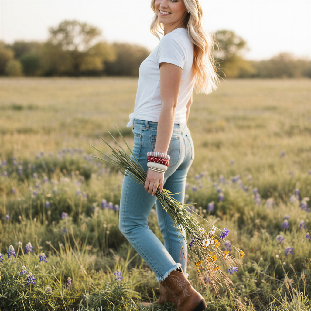 young woman wearing maroon and white Butter Republic bracelets, holding a bundle of wildflowers while walking in a field