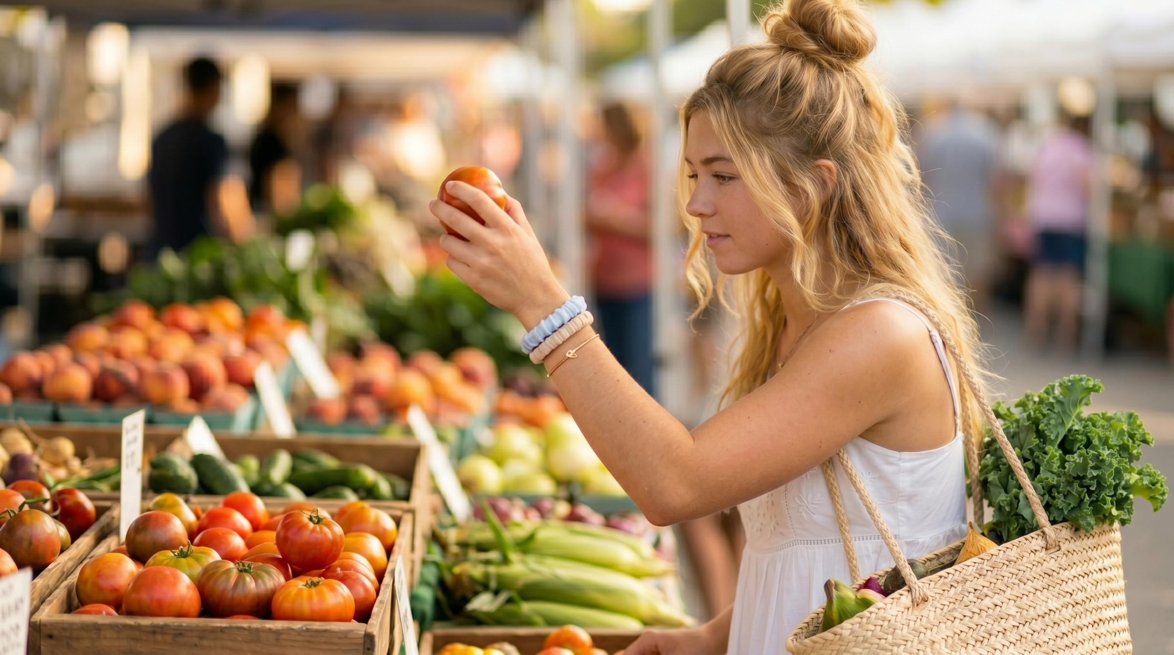 young college woman wearing frayed Butter Republic bracelets at a farmer's market and holding a tomato