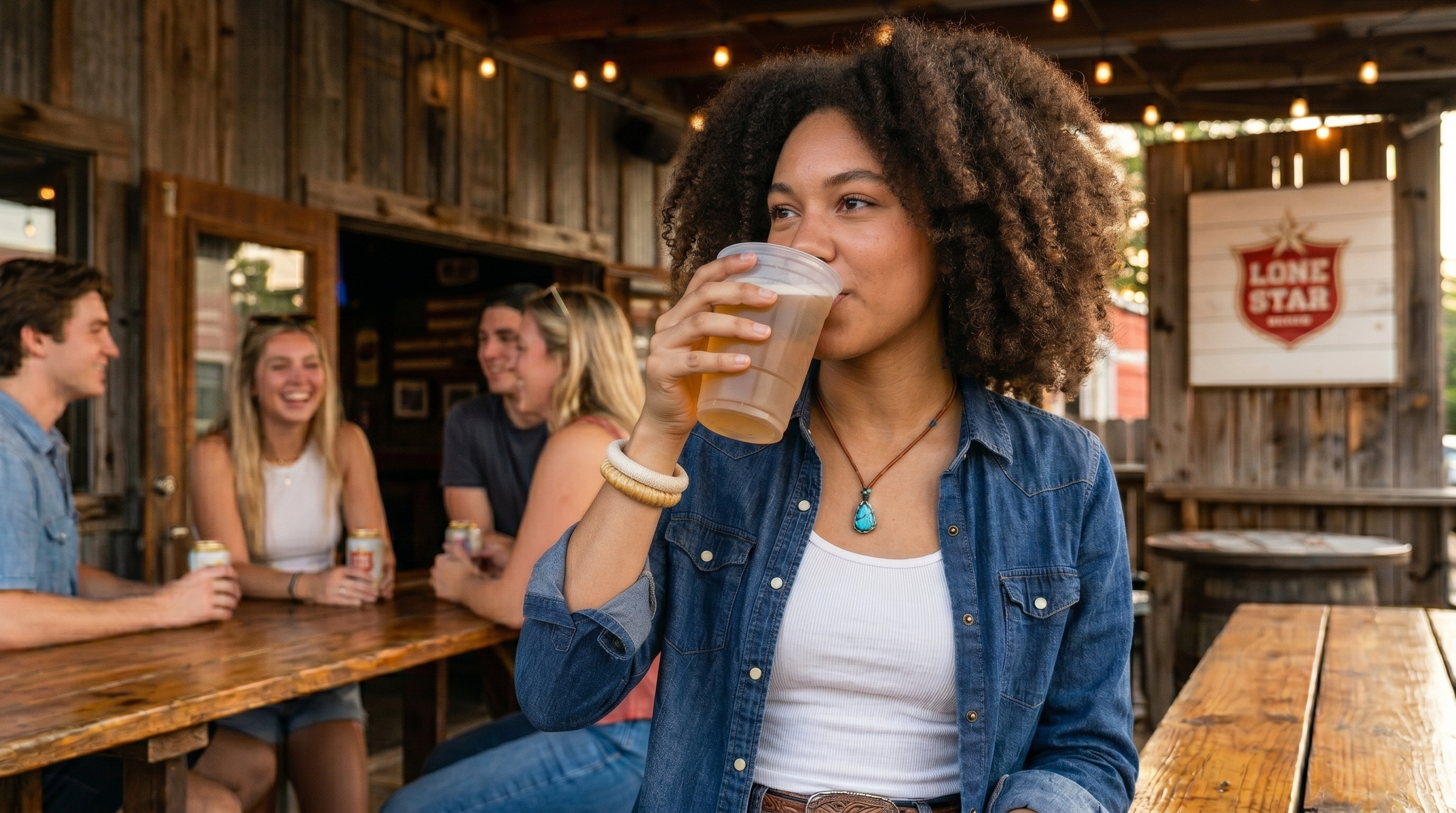 young college woman wearing Butter Republic bracelets and a denim shirt at an outdoor bar and drinking a plastic cup of beer