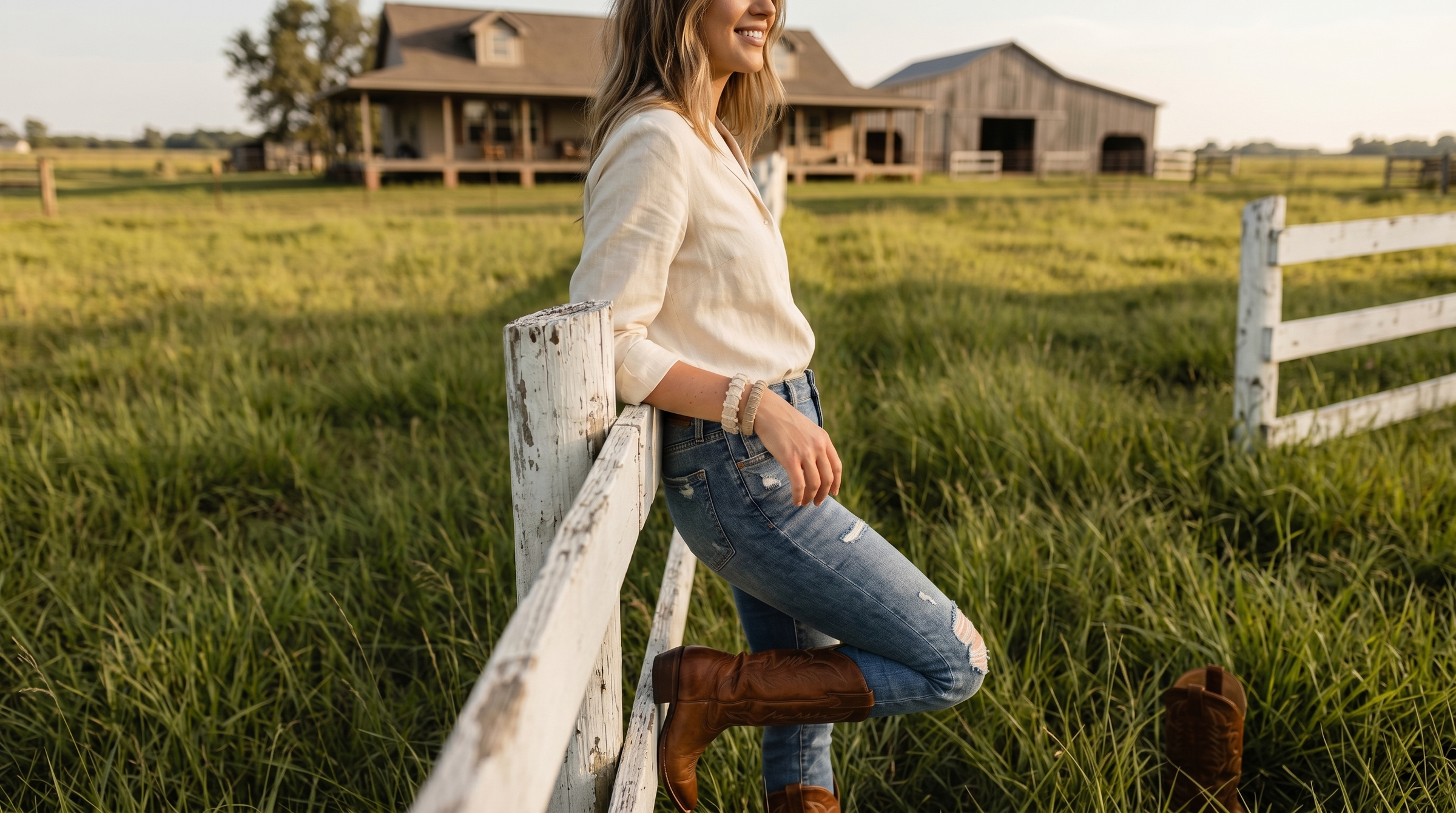 woman wearing a frayed Butter Republic bracelet and a suede Butter Republic bracelet and a linen top and blue jeans, leaning against a weathered white fence on a farm with a blurry house and barn in the background