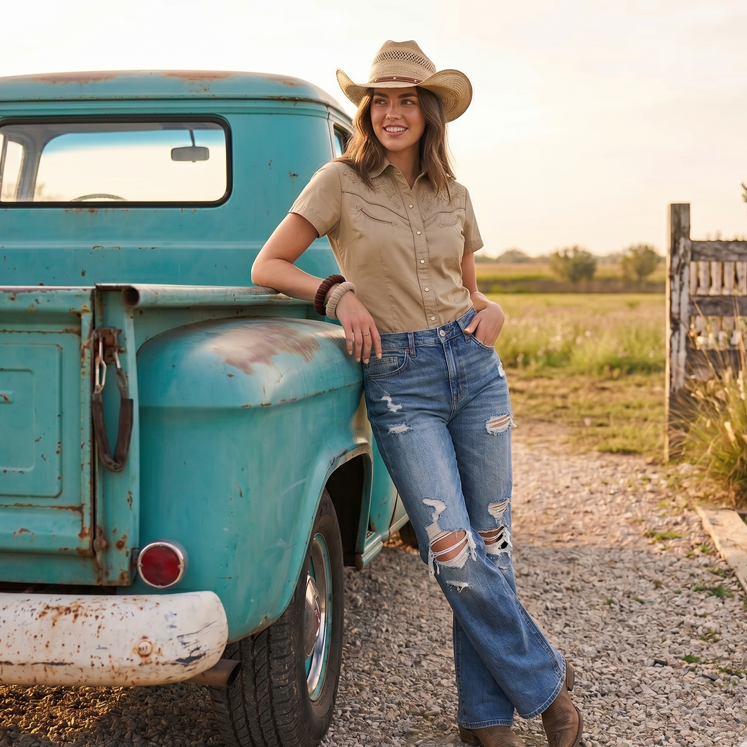 woman in a cowboy hat and jeans leaning against an old blue truck in a rural setting wearing Butter Republic bracelets