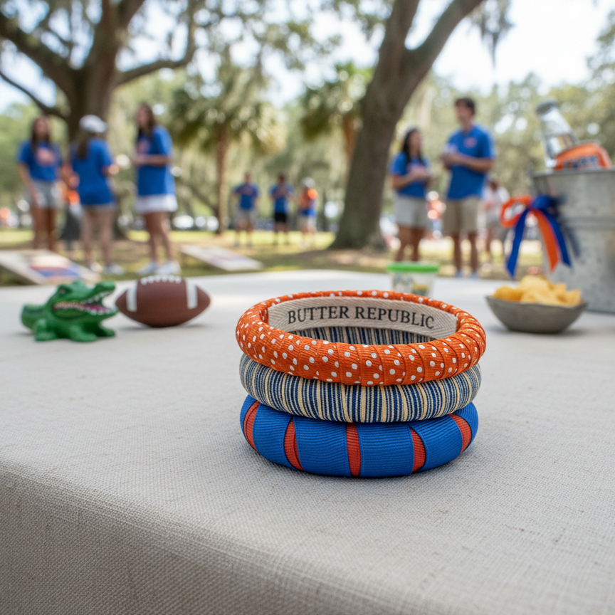 Stack of orange and blue Butter Republic bracelets on a table with people and outdoor setting in the background.