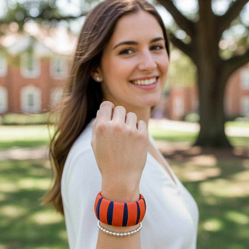 young woman wearing an orange and navy blue Butter Republic bangle bracelet outdoors on a college campus with trees and buildings in the background