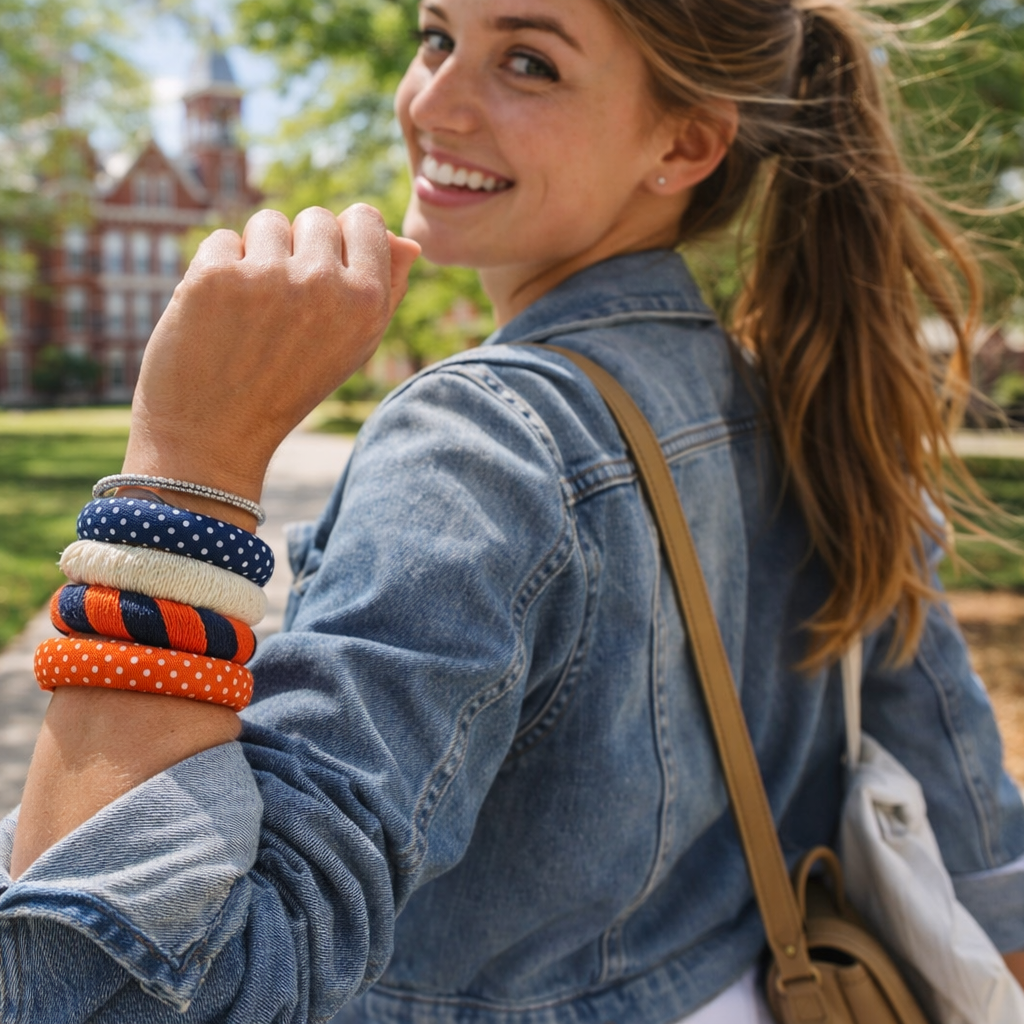 young woman wearing orange and navy blue Butter Republic bracelets and a denim jacket outdoors on a college campus with a blurred background