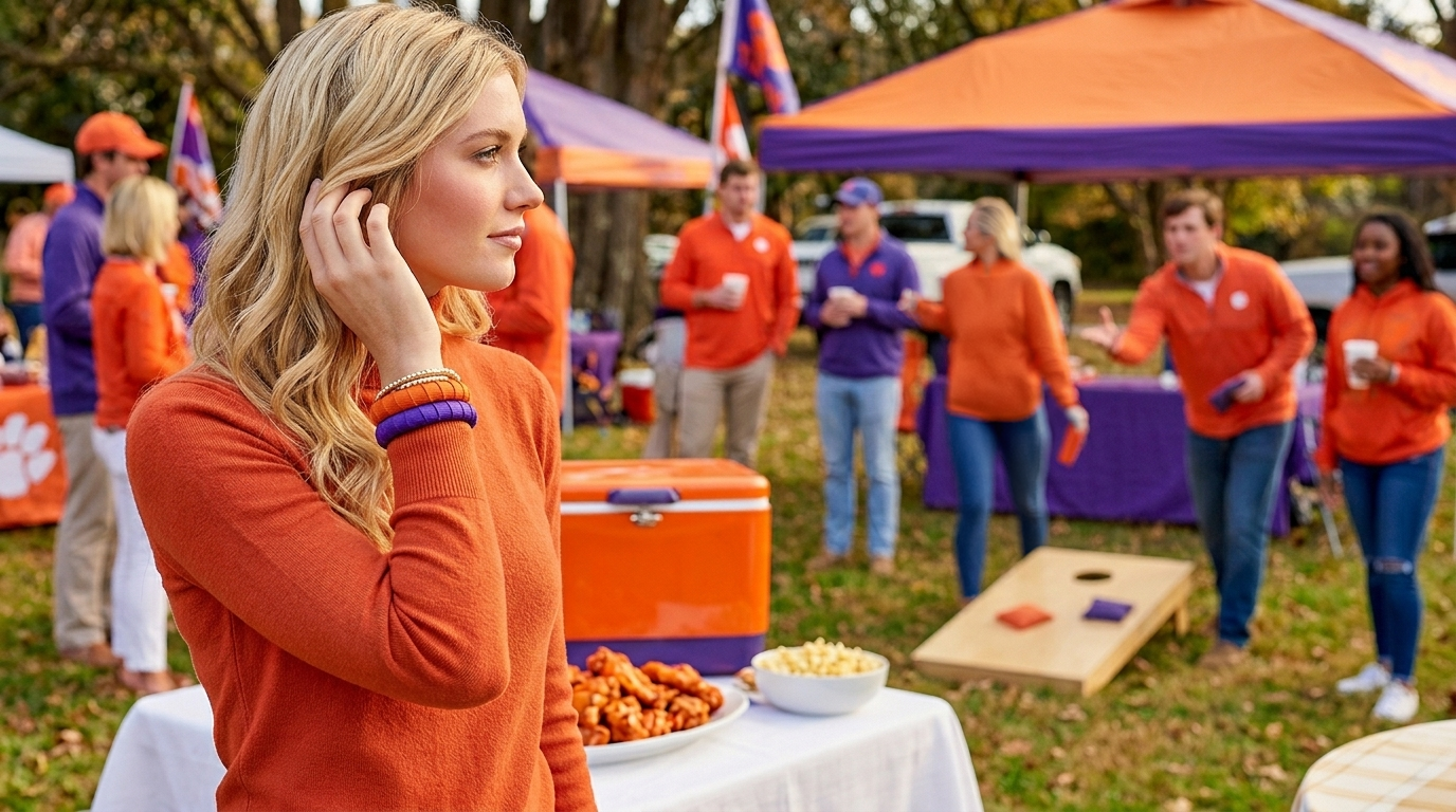 Woman in orange shirt at outdoor event, wearing purple and orange Butter Republic bangles, with food and people in the background