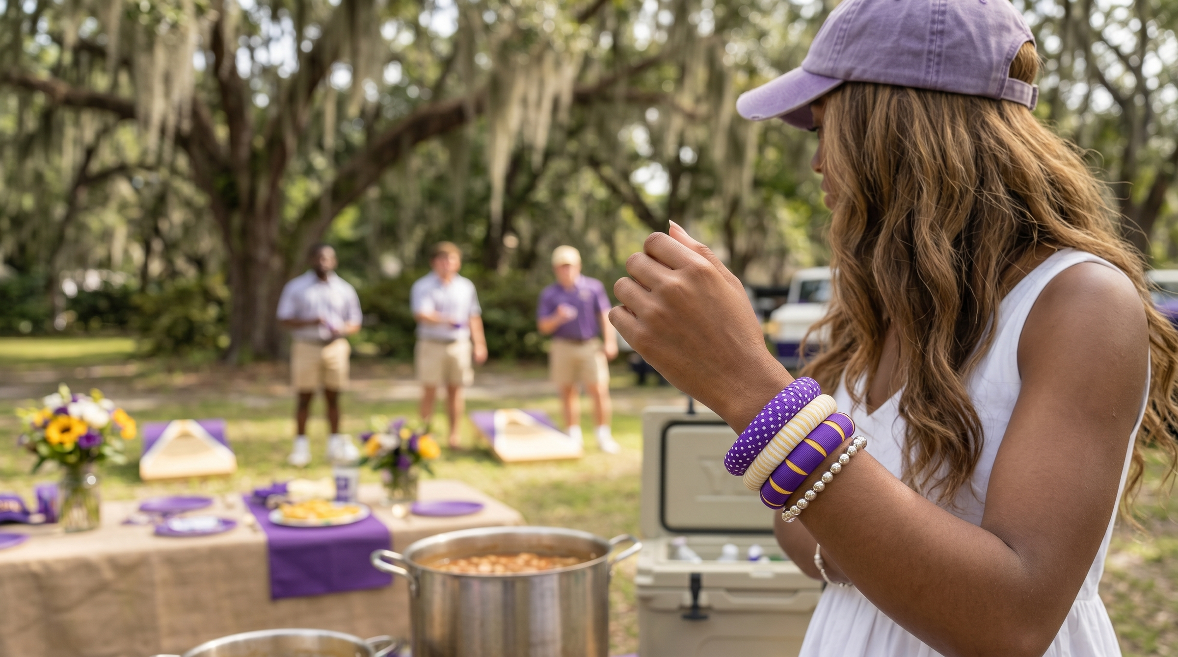 a young woman is wearing three purple and gold Butter Republic bracelets, a lavender baseball cap, and a white dress while outside with friends at a social gathering with thick southern, moss-covered trees