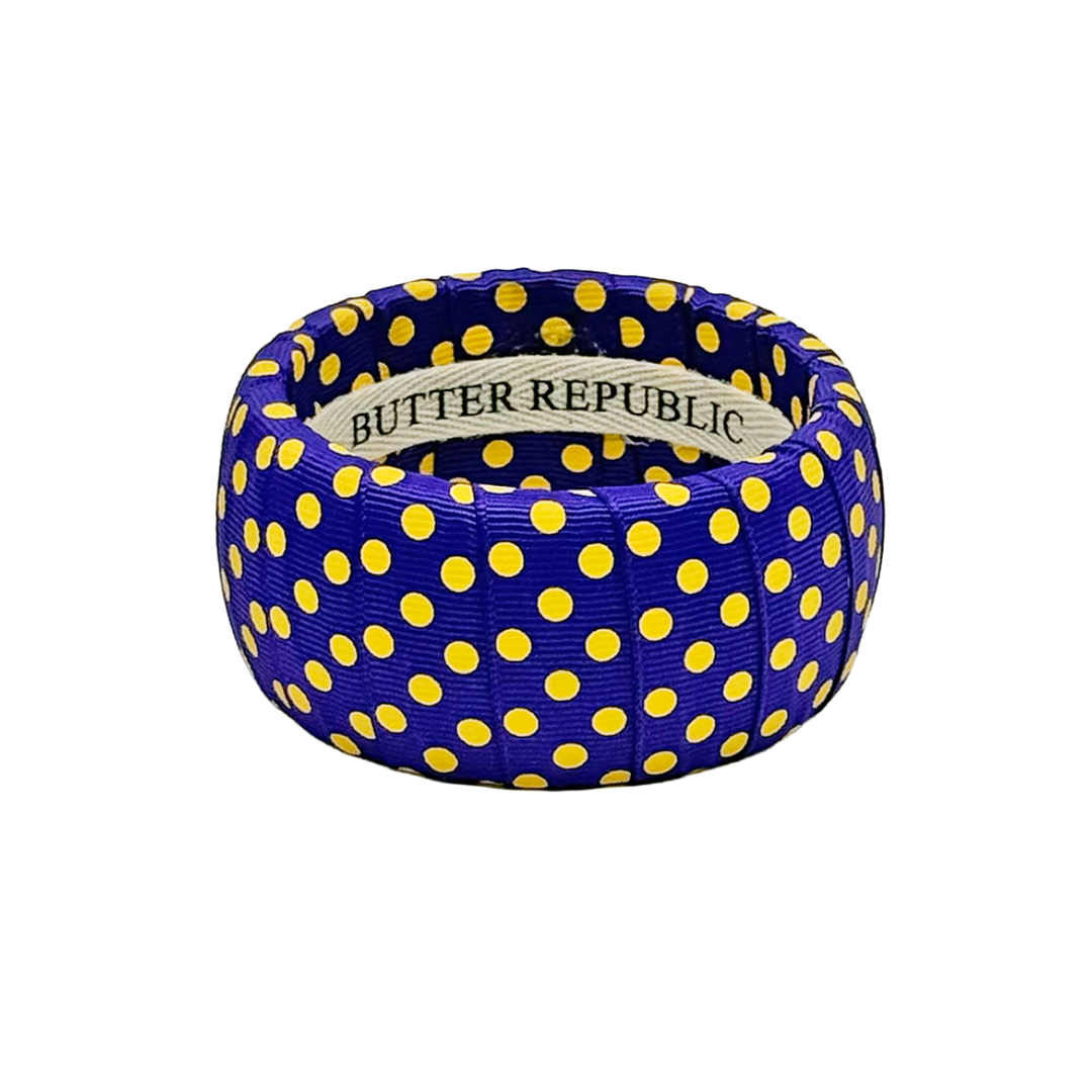 Wide width Butter Republic purple bangle bracelet with yellow polka dots