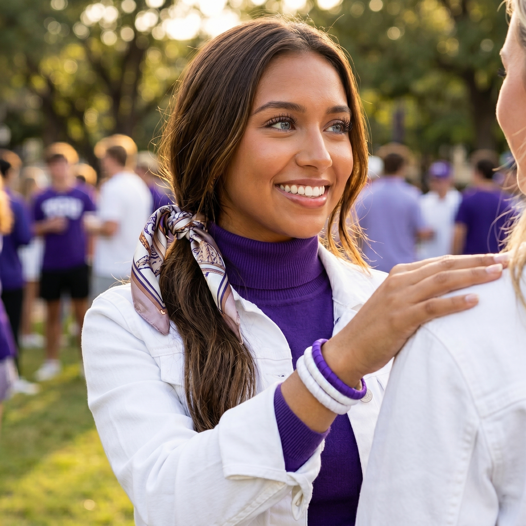 Woman in purple sweater and white jacket with a scarf, wearing Butter Republic bangles, standing outdoors with a blurred background of people.