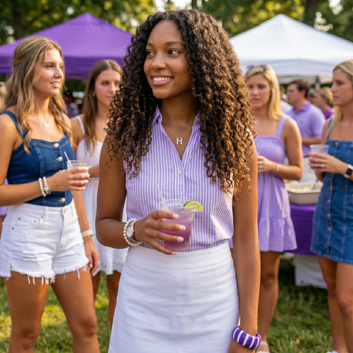 Woman wearing a Butter Republic purple and white bandle bracelet, holding a drink at an outdoor event with other people in the background