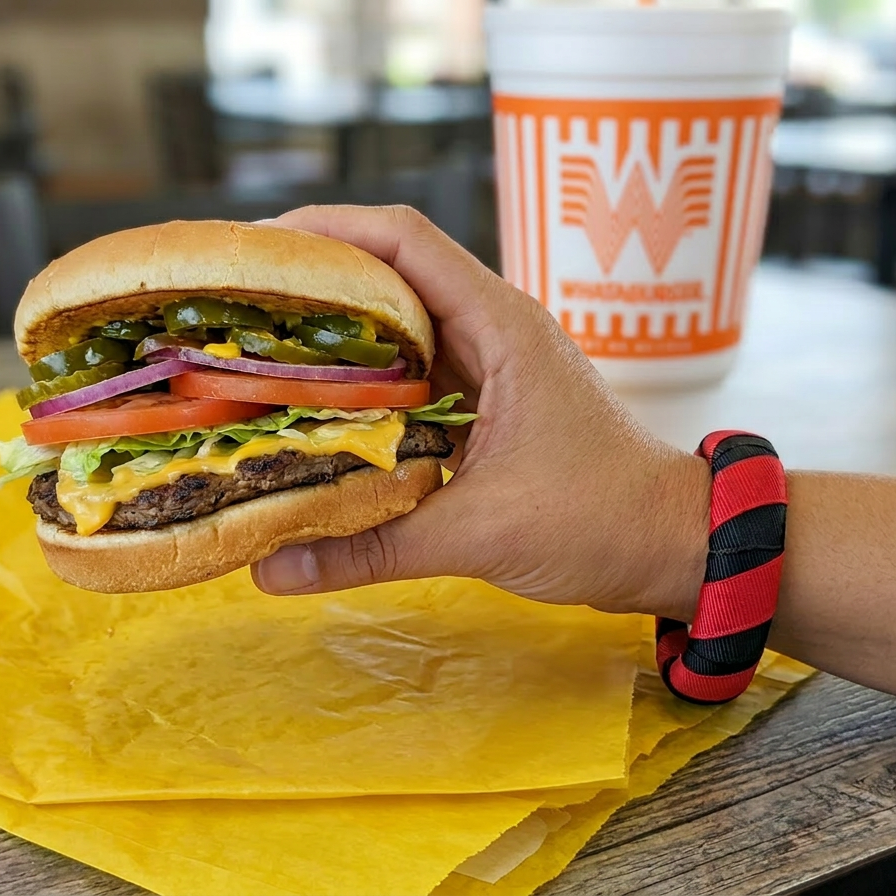 a woman’s wrist wearing a red and black Butter Republic bracelet, holding a Whataburger with an orange and white Whataburger cup in the background