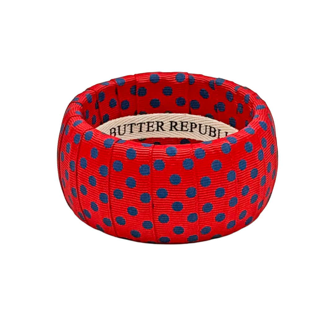 Butter Republic wide red bangle bracelets with blue polka dots