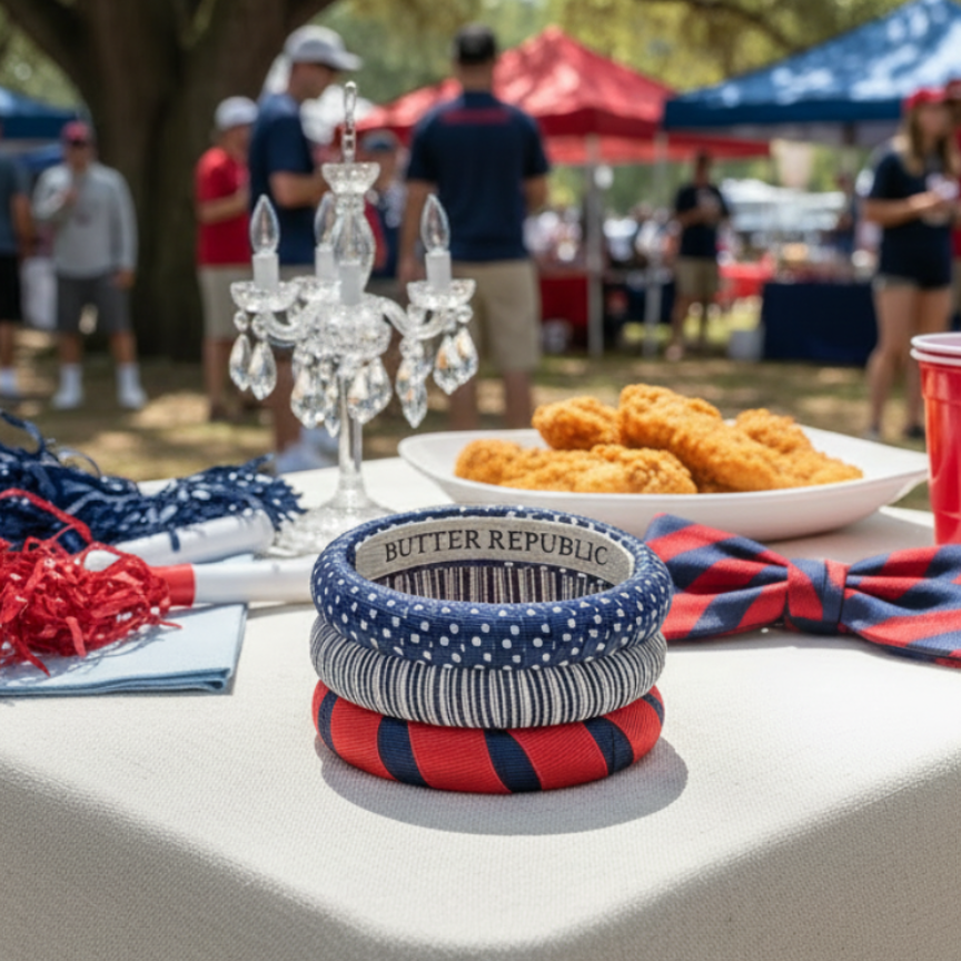 Table with red, white, and blue bracelets and food at an outdoor tailgate.