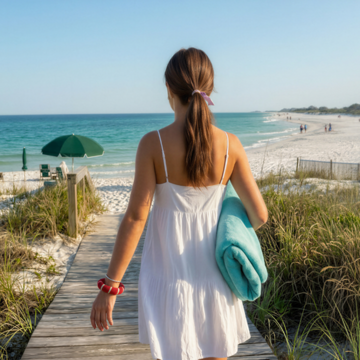 woman in a white dress on the beach, wearing a red and white Butter Republic bangle bracelet, walking on a wood deck towards the ocean with a towel on a clear day