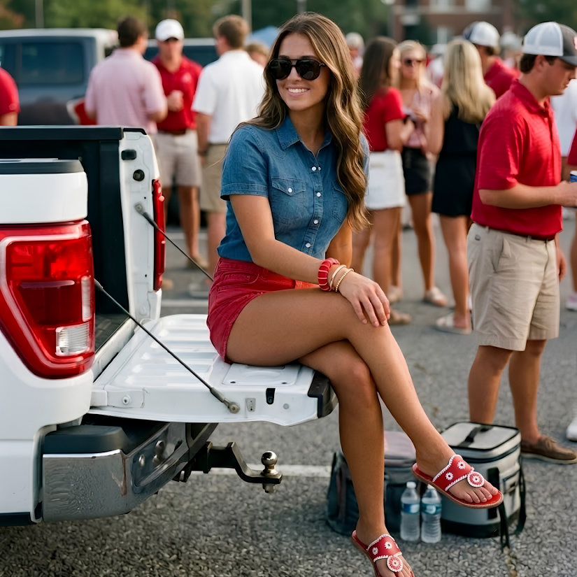 Woman wearing a red and white Butter Republic bangle bracelet, sitting on a truck bed