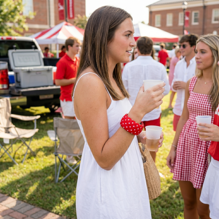 Woman in a white dress wearing a red and white polka dot Butter Republic bangle at a social gathering.